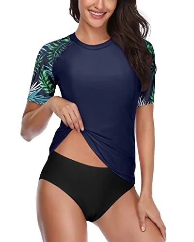 Women’s bikini bottoms budget -Short Sleeve Women's Upf 50+ Spf Rash Guard Set With Bikini Bottom-Blue Leaf