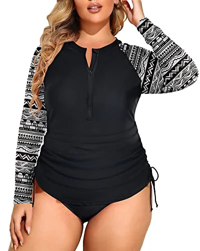 Women’s bikini bottoms handmade -Long Sleeve Upf 50+ Rash Guard Plus Size Zipper Swim Shirt With Bottom-Black And White Snake Print