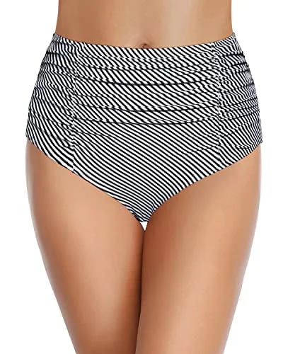 Women’s bikini bottoms ribbed -High Waisted Bikini Bottom Ruched Tummy Control Vintage Swimsuit Bottom-Black And White Stripe