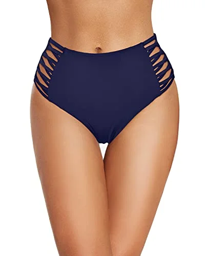 Women’s bikini bottoms imported -Retro High Waisted Bikini Bottom Full Coverage Strappy Swim Bottom-Navy Blue