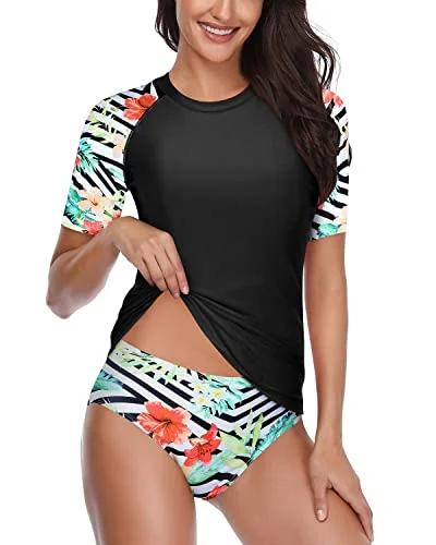 Women’s bikini bottoms supportive -Uv Resistant Women's Rash Guard Set With Bikini Bottom For Sun Protection-Black And Striped Leaves