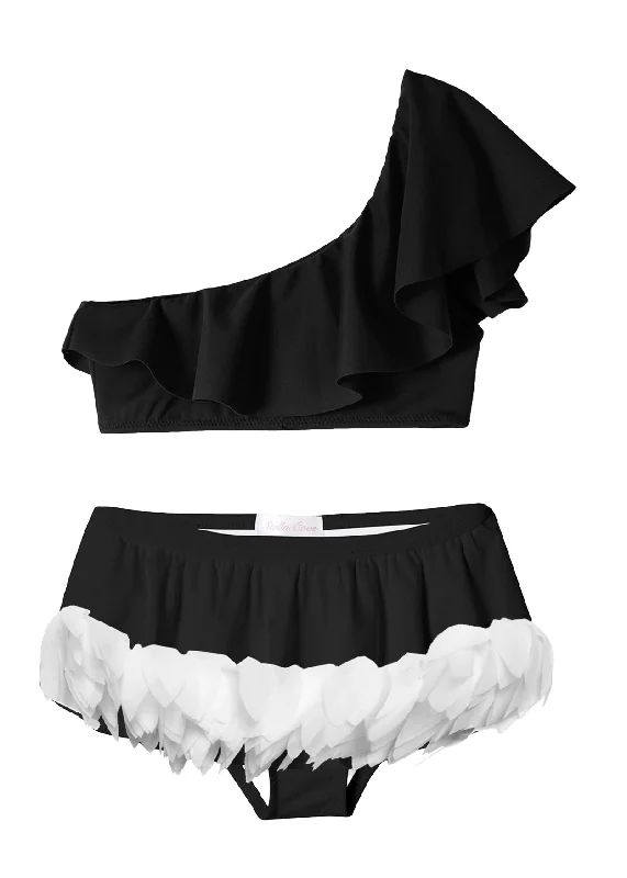 ladies bikini top group trip -Black One Shoulder Top & Skirt Petal Bottom Bikini