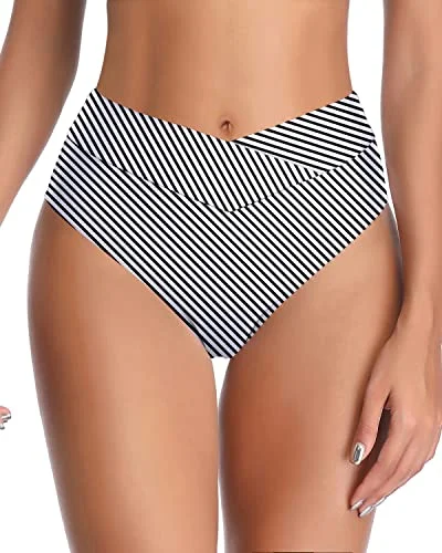 Women’s bikini bottoms camel -Cheeky Bikini Bottom With V Cut And Twist Swim Bottom-Black And White Stripe