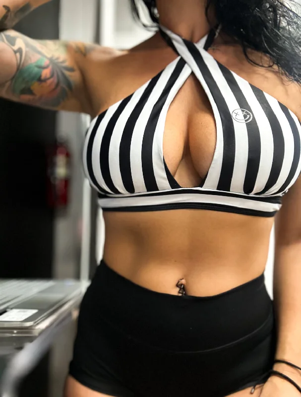 ladies bikini top sporty solids -Salty Savage Ladies “OG Smile” Crossover Striped Bikini Top | Black/White