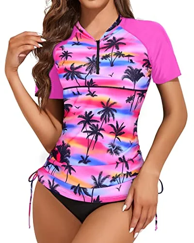 Women’s bikini bottoms rainbow -Women's Short Sleeve Swim Shirt And Bottom Rash Guard Set-Pink Palm