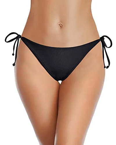 Women’s bikini bottoms asymmetrical -Full Coverage Bikini Bottom Tie Side Swimsuit Bottom Low Rise Bathing Suit Bottom-Black