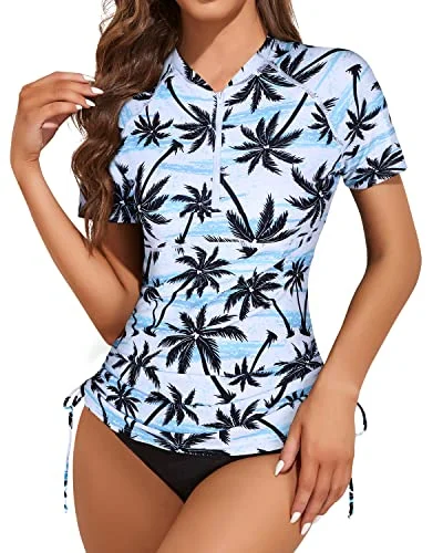 Women’s bikini bottoms ombre -Women's Short Sleeve Swim Shirt With Built In Bra And Bottom-Black Palm Tree