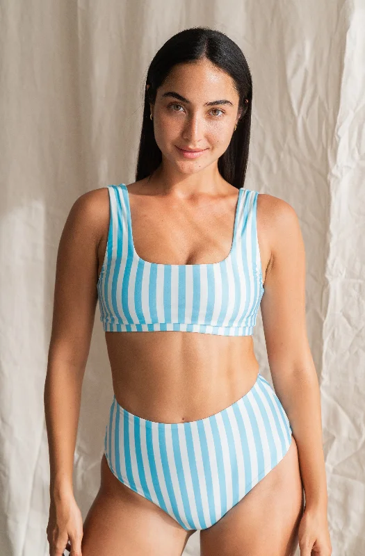 ladies bikini top draped style -Jane Top Powder Blue Stripe Print