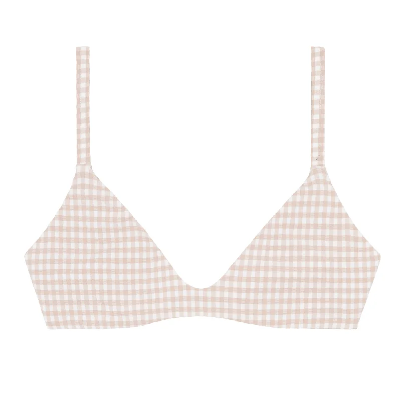 ladies bikini top tribal design -women's brown crinkle gingham bikini top