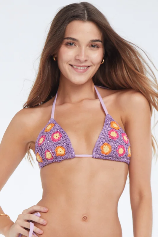 ladies bikini top color block -Adriana Purple Flowers Crochet Bikini Top