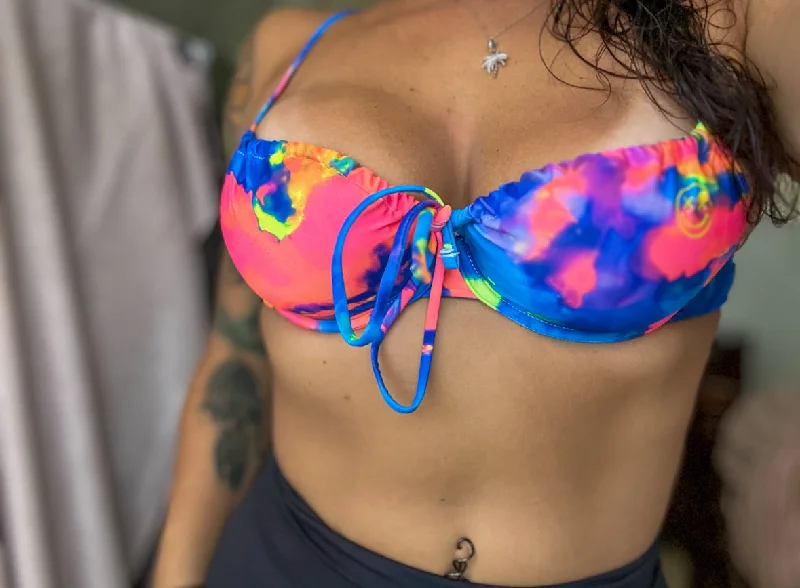 ladies bikini top limited edition -Salty Savage Ladies “Spliced Smile” Cinched Push Up Bikini Top | Neon Tie Dye