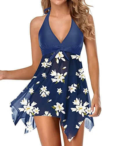 Women’s bikini bottoms navy -V Neck Swimsuit With Flowy Dress And High Waisted Bottoms-Blue White