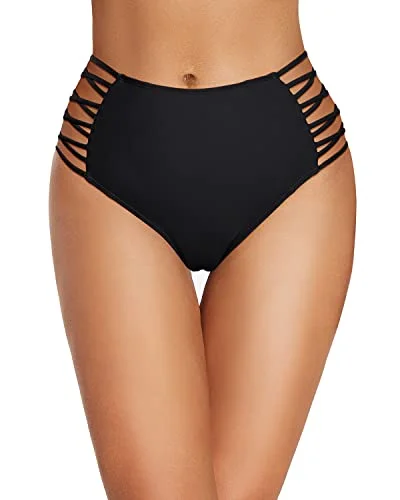 Women’s bikini bottoms supportive -Sexy High Waisted Bikini Bottom Tummy Control Swim Shorts-Black