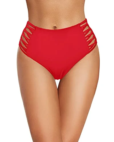 Women’s bikini bottoms handmade -Retro Plus Size High Waisted Strappy Lace Up Swim Bottom-Red