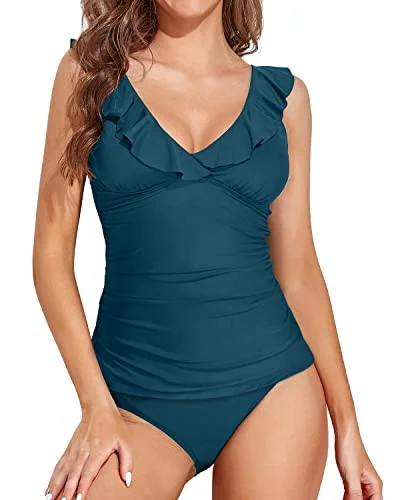 Women’s bikini bottoms outlet -Deep V Neck Mid Waisted Bikini Bottom Full Coverage Tankini Swimsuits-Teal