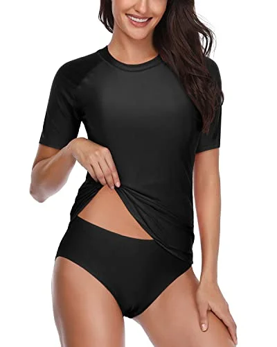 Women’s bikini bottoms store -Short Sleeve Women's Rash Guard Set With Bikini Bottom Upf 50+ Spf-Black