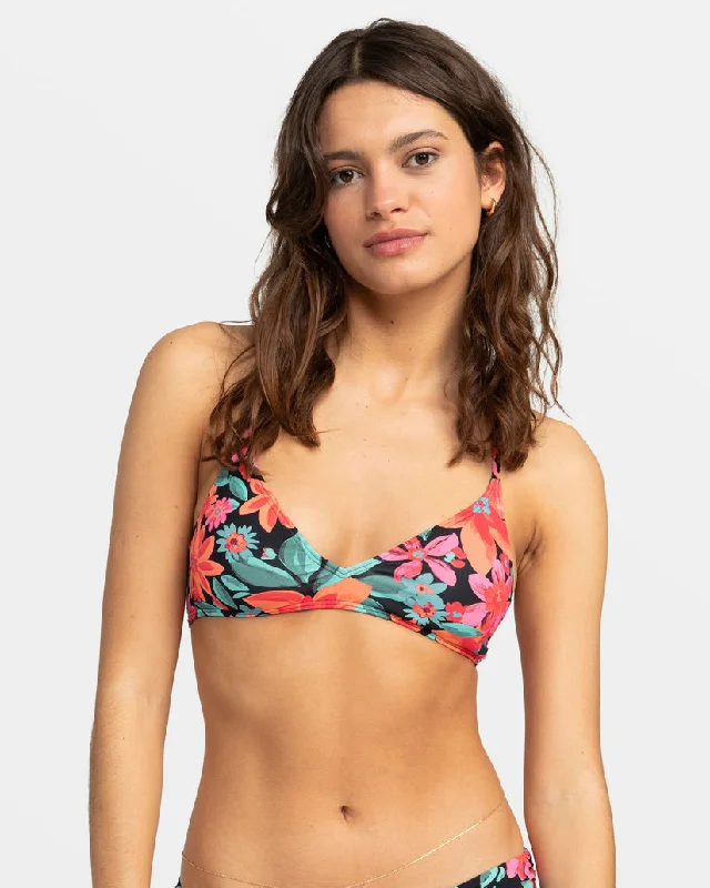 ladies bikini top air dry -Roxy PT Beach Classics Strappy Bra Top-Anthracite Floral Fiesta Big