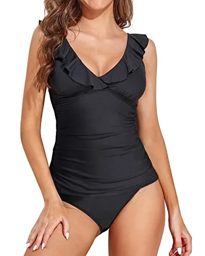 Women’s bikini bottoms sale -Ruffle V Neck Tankini Bathing Suit With Mid Waisted Bikini Bottom-Black