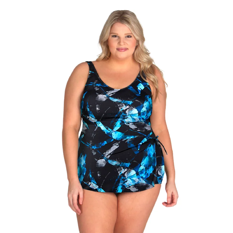 Women’s swim skirt boutique -Front Skirted Plus Size Swimsuit - Azure Brushstrokes