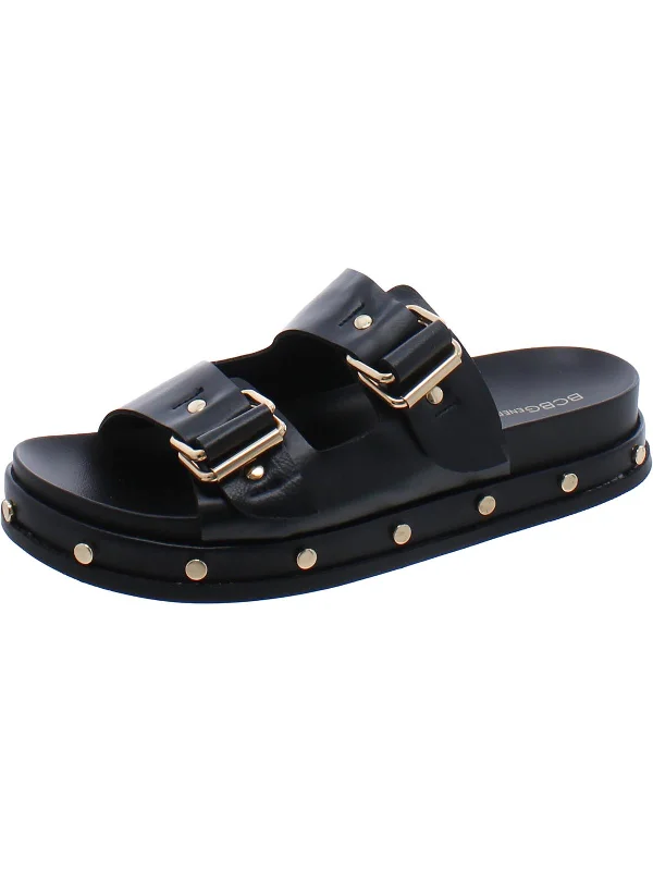 Women’s sandals supportive -Womens Faux Leather Slip On Slide Sandals