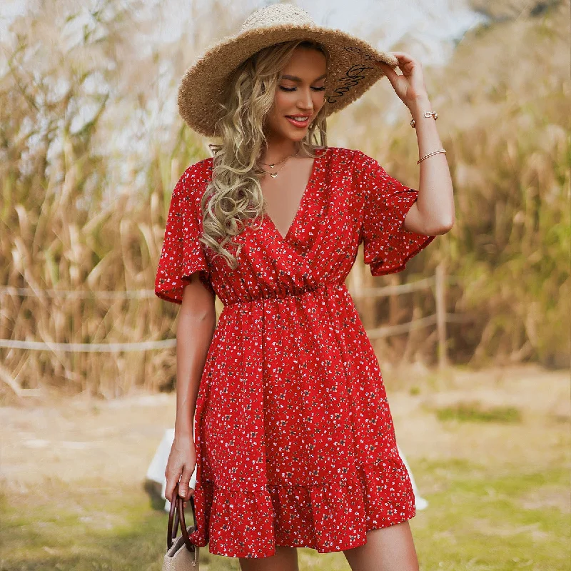 Women’s swim skirt eye-catching -Women's new large red V-neck small floral high waisted short skirt