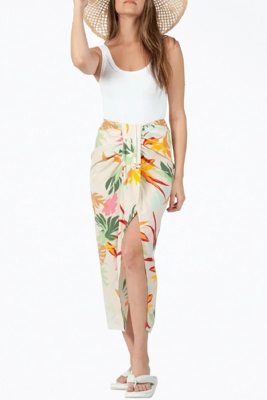 Women’s swim skirt yellow -Floral-Print Gathered Sarong Skirt In White Tropical