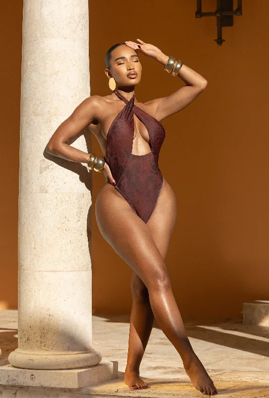 Women’s one-piece swimsuit wide strap -Kyros One Piece - Wine Snake