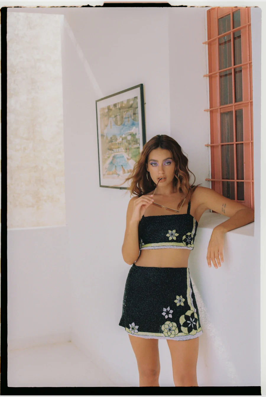 Women’s swim skirt black -Mei Hand Embroidered Summer Co-ord Skirt Black