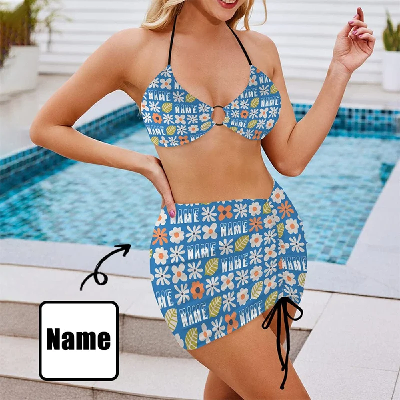 Women’s swim skirt party -Custom Name Bikini Set Personalized Women's Drawstring Halterneck Three-Piece Swimsuit Skirt