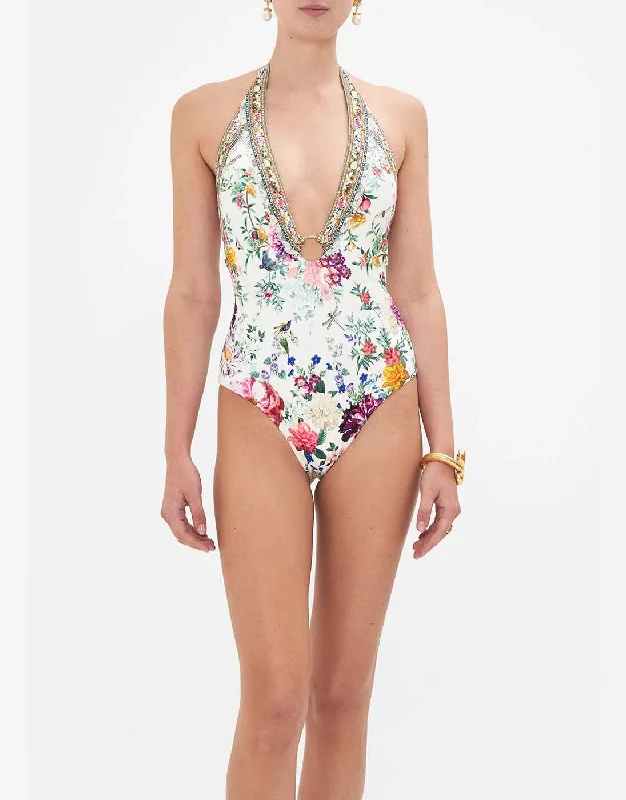 Women’s one-piece swimsuit shell -Ring Detail Plunge V One Piece, Plumes And Parterres