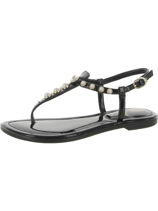 Women’s sandals athletic -Gigi Pearl Womens Patent Embellished T-Strap Sandals