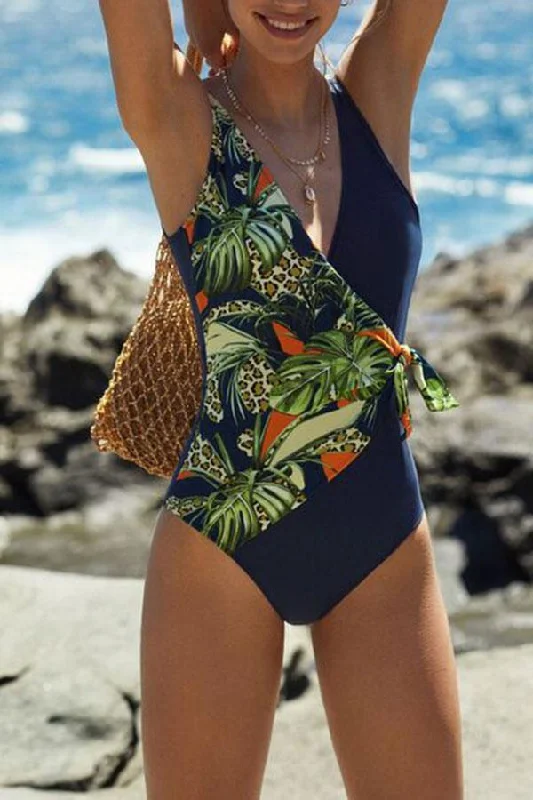 Women’s one-piece swimsuit themed -Leaf Print Elegant V Neck Piece Swimwear