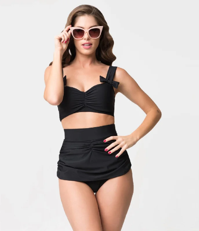 Women’s swim skirt romantic -Retro Style Black Gathered High Waist Skirted Swim Bottoms