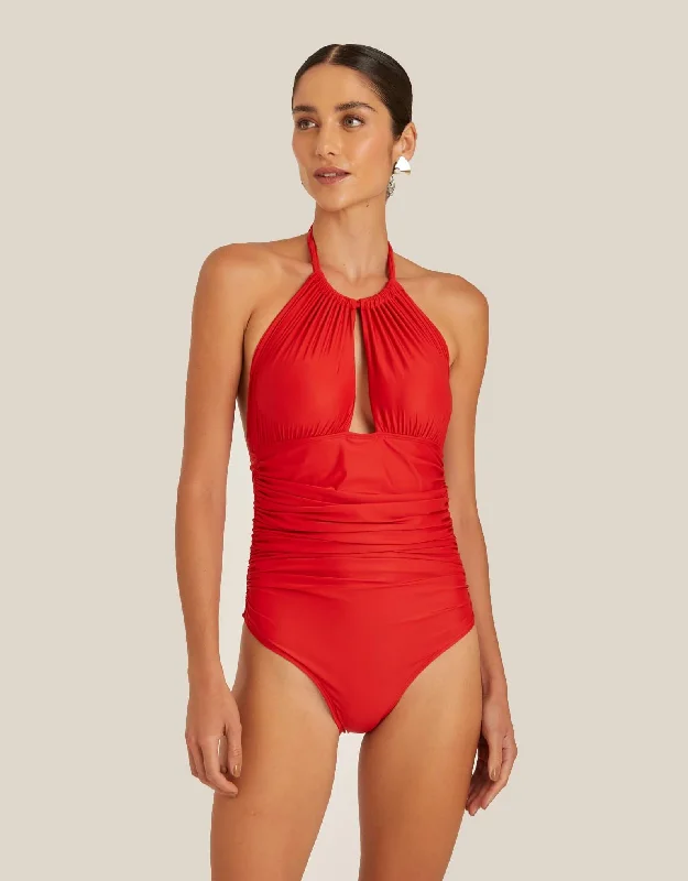 Women’s one-piece swimsuit side tie -Ruched Adjustable Halter One Piece Paprika