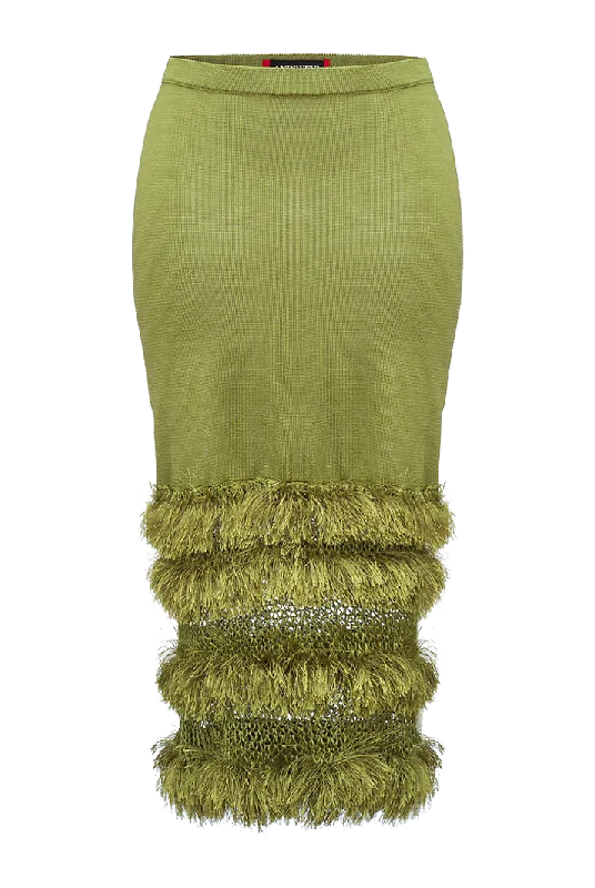 Women’s swim skirt floral -Green Knit Midi Fringe Skirt