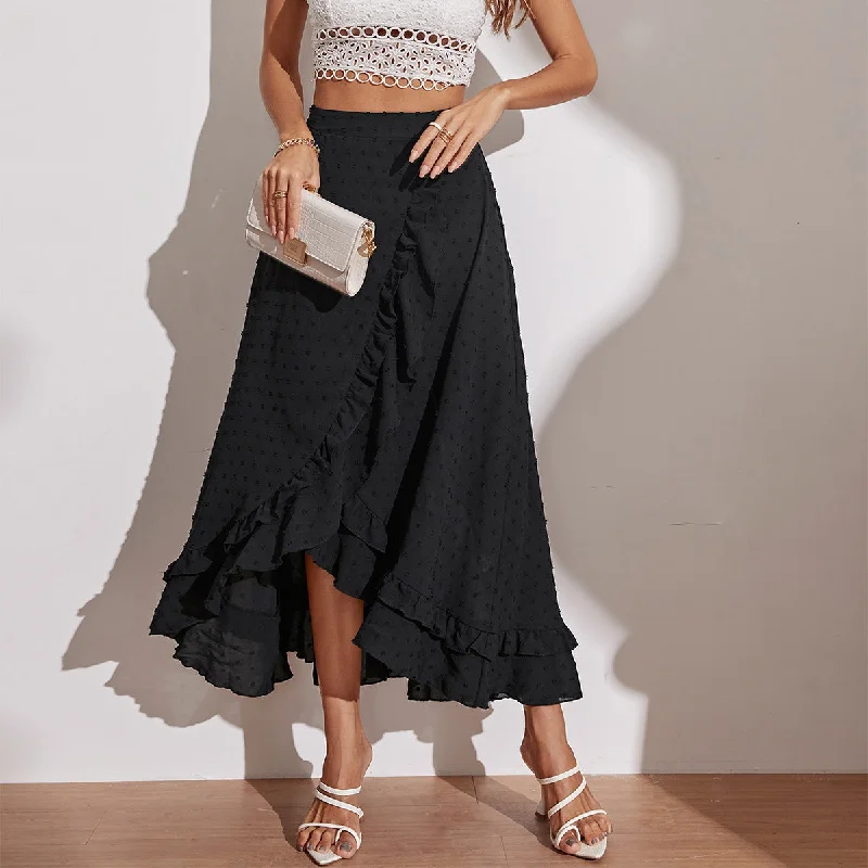 Women’s swim skirt ivory -Women's New Black Irregular Ruffle Edge Long Women's Half length Skirt