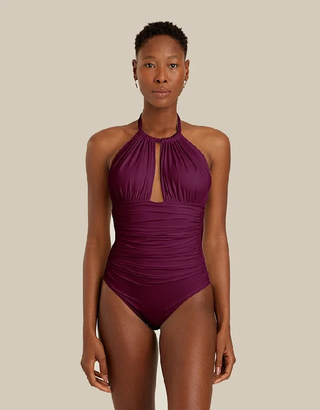 Women’s one-piece swimsuit unpadded -Ruched Adjustable Halter One Piece Plum