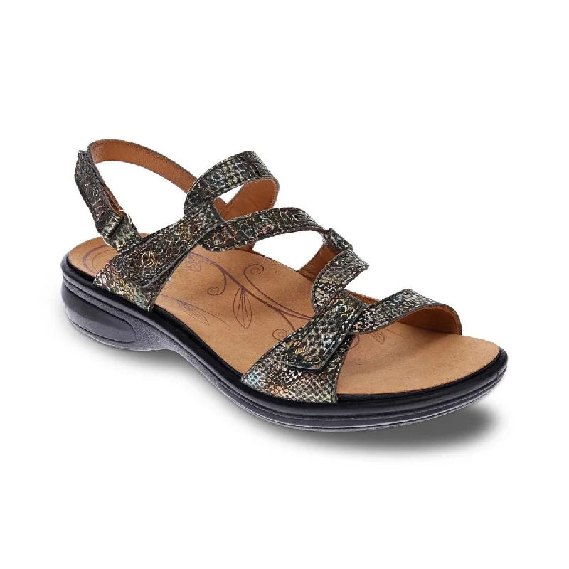 Women’s sandals ocean -Revere Emerald Women's 3 Strap Leather Sandals In Peacock Python