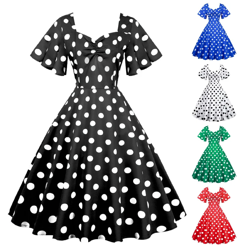 Women’s swim skirt smooth -A-Z Women's New Wave Short Sleeve Wave Dotted Mid length Large Swing Skirt