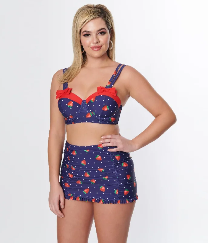 Women’s swim skirt magical -Unique Vintage Navy Strawberry Pin Dot Ruffled Swim Skirt