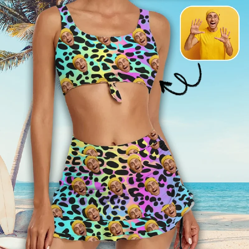 Women’s swim skirt glitter -Custom Face Colorful Leopard Bikini Set Personalized Drawstring Chest Strap Bikini Skirt