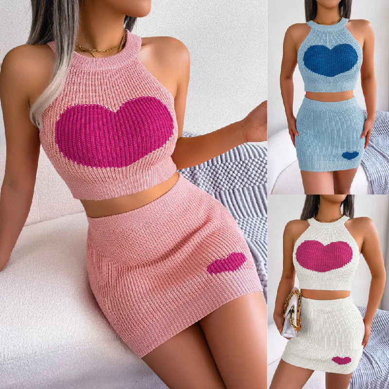 Women’s swim skirt mesh -Women's new casual love contrast exposed navel top wrap hip skirt set