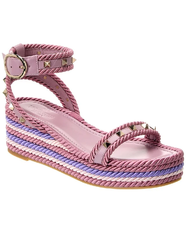 Women’s sandals barbecue -Valentino Rockstud 45 Rope & Leather Wedge Sandal