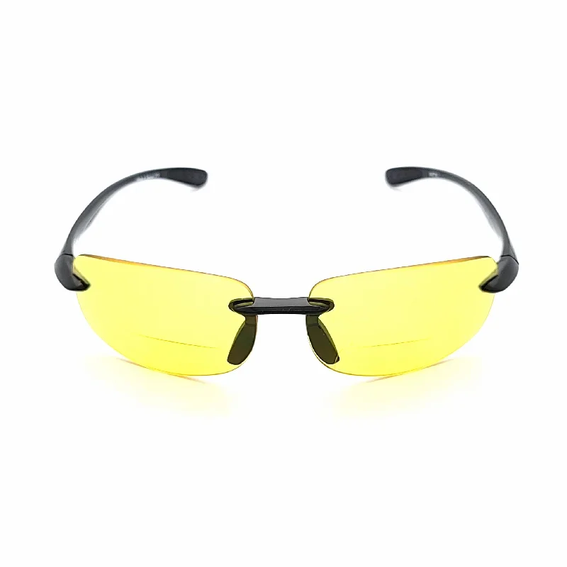 sunglasses inspired design -Shotgun Yellow Tinted Rimless Shooting, Hunting, & Night Driving Sports Bifocal Glasses