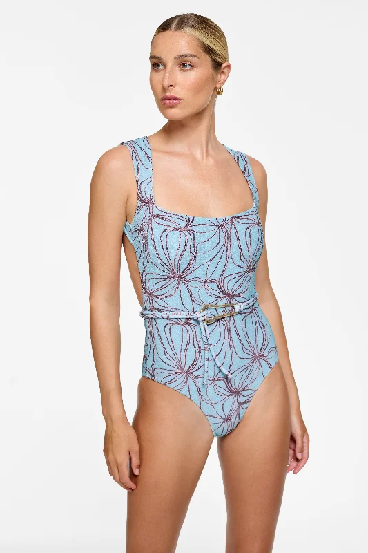 Women’s one-piece swimsuit seasonal -Grace One Piece - Denim Flower Lines