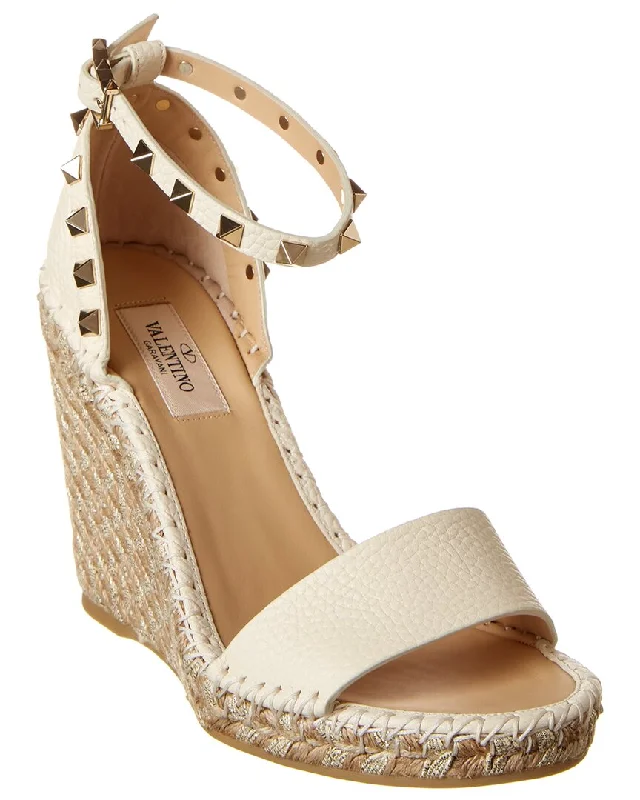 Women’s sandals snake print -Valentino Rockstud 100 Grainy Leather Wedge Sandal