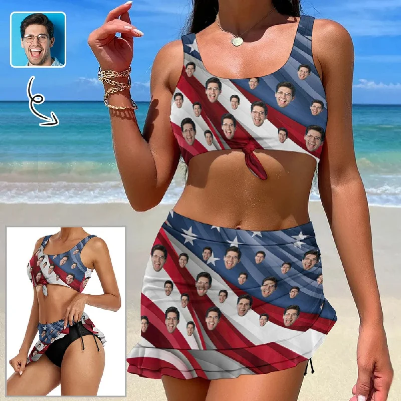 Women’s swim skirt multi-color -Custom Face USA Flag Bikini Set Personalized Drawstring Chest Strap Bikini Skirt