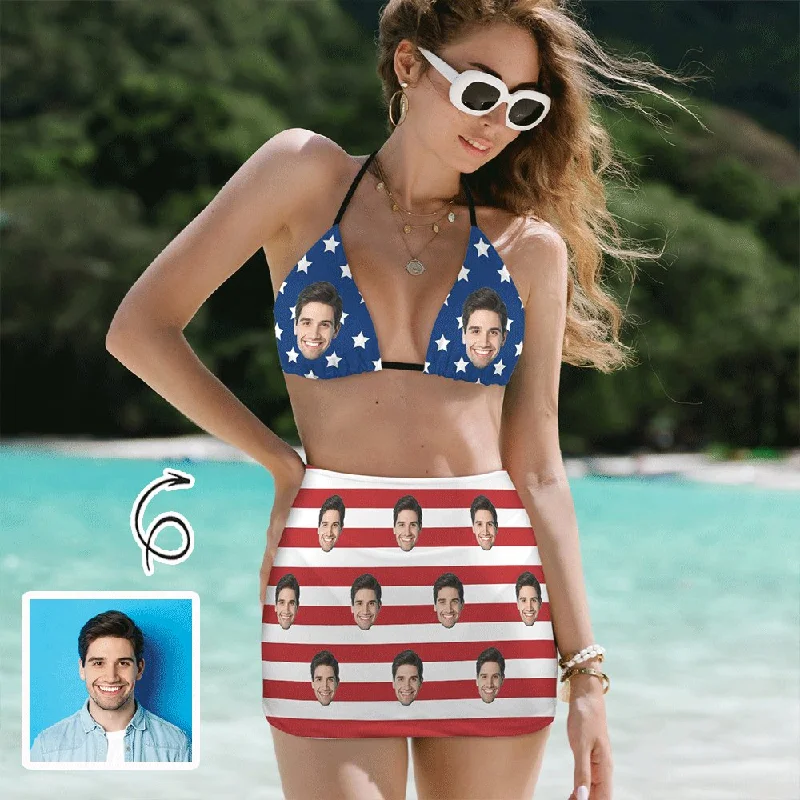 Women’s swim skirt breathable -Custom Face American Flag Bikini Set Personalized Halterneck String Three-Pieces Bikini Skirts Set