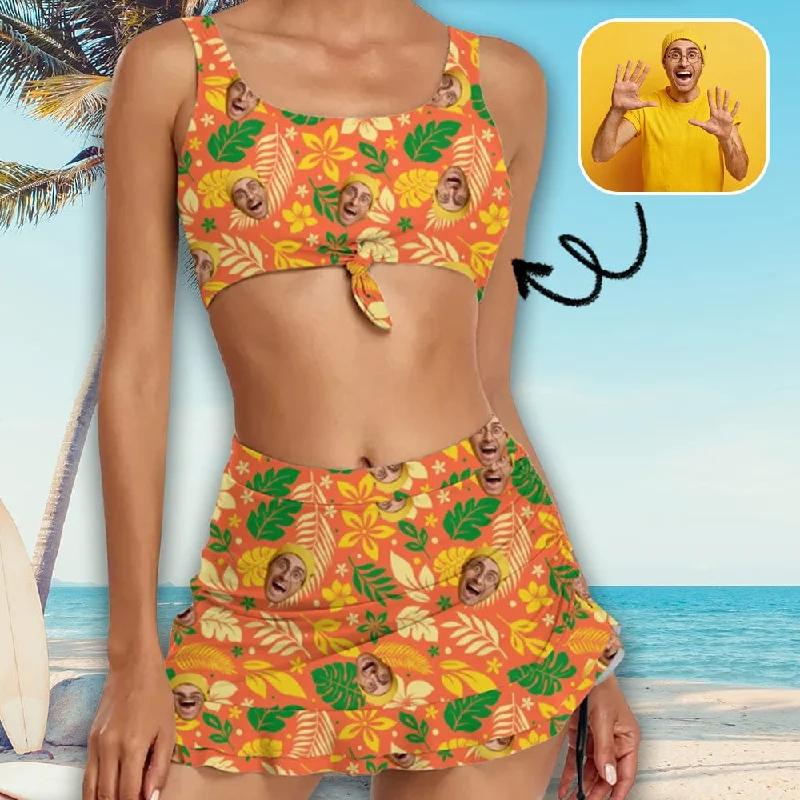 Women’s swim skirt neon -Custom Face Orange Flower and Leaves Bikini Set Personalized Drawstring Chest Strap Bikini Skirt