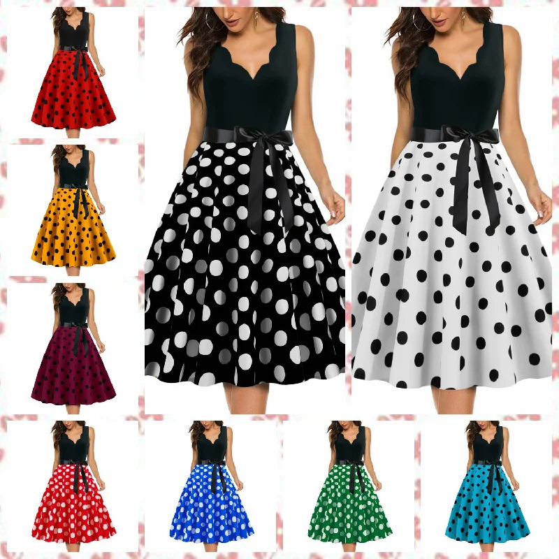 Women’s swim skirt narrow waist -A-Z Women's New Wave Short Sleeve Wave Dotted Mid length Large Swing Skirt